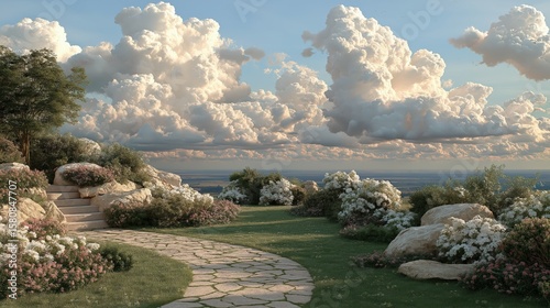 Stone garden path with bloo...