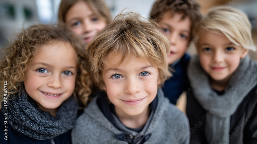 Playful group of children looking down at the camera Playful group of children looking down at the camera