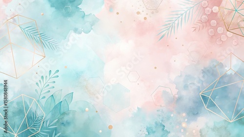 Serene Pastel Watercolor Background with Geometric Shapes and Botanical Elements