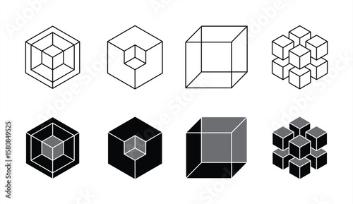 Geometric Cube Icon Set. Module, box, model, block, product. Outline and Solid 3D Blocks