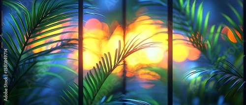 Lush Tropical Foliage with Warm Glow in Background at Twilight