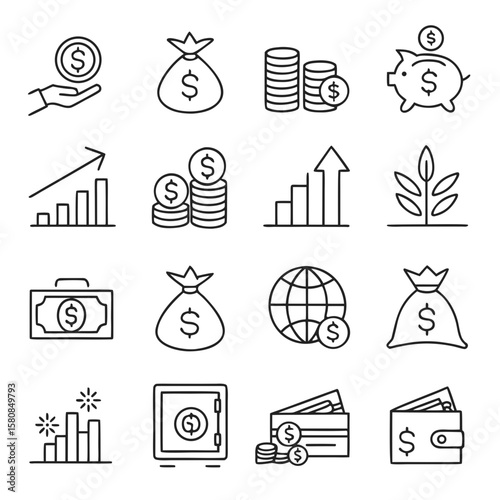 Profit line icon set. Money income, money savings, earnings, money, cash, investment, financial growth and more. Outline vector icon in linear style. Pictogram collection 