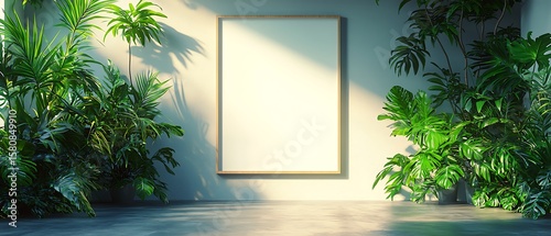 Empty Frame Surrounded by Lush Green Plants in Bright Room