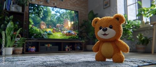 Cute plush bear toy in a cozy living room with playful background