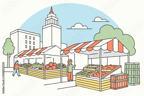 Midwestern farmers’ market in Nebraska with stalls of produce, flowers, and local crafts in modern flat illustration style