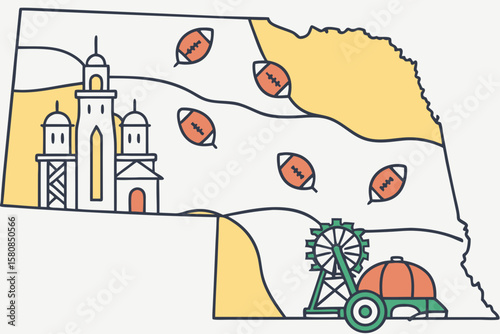Map of Nebraska with major cities marked and icons for farming, history, and football in modern flat illustration style