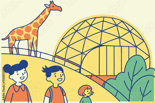 Family visiting Henry Doorly Zoo with giraffes, jungle dome, and smiling kids in modern flat illustration style