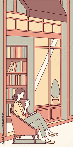 Modern flat illustration style of a young woman sipping coffee while reading in a Nebraska bookstore