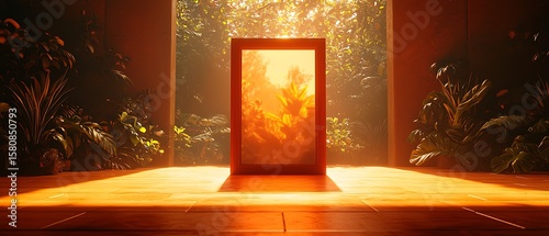 Ethereal Forest Scene with Framed Light and Lush Greenery