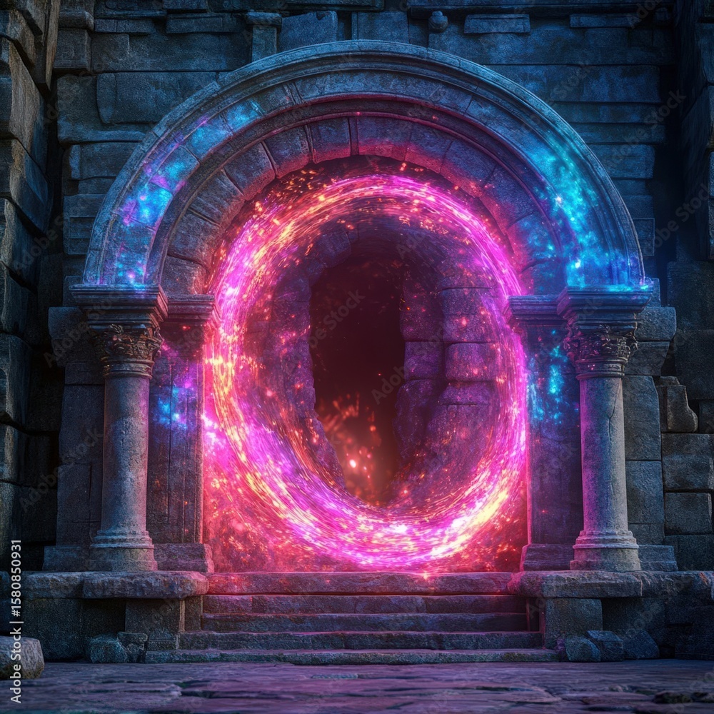 Fototapeta premium an enchanted portal isolated on a minimalistic background lifelike textures capturing ancient stone archways with swirling vibrant light