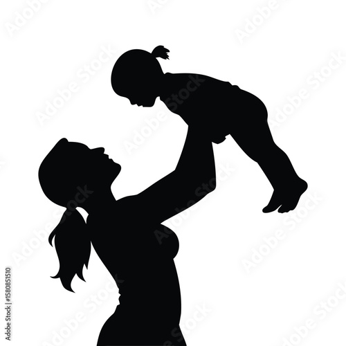 Mother Holding Baby Silhouette, Loving Mom and Child Vector Illustration