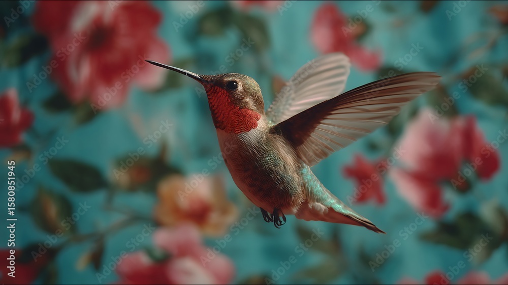 Fototapeta premium Hummingbird in Flight Floral Background