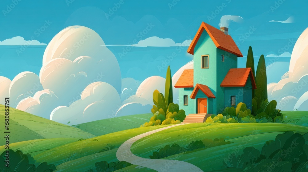 Naklejka premium Green Hill House Landscape Outdoors Nature Sky