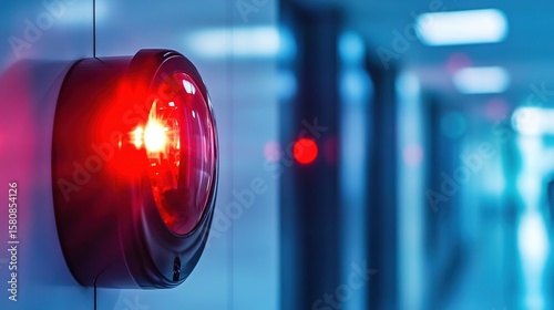 Red emergency alarm light illuminated on a modern wall in a blue-toned corridor with blurred lights in the background.