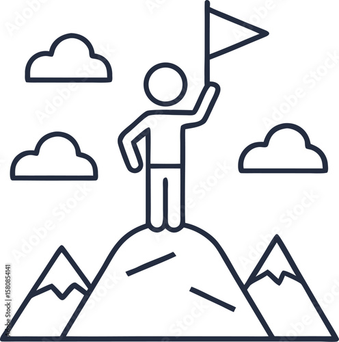 Man on top of mountain with flag thin line icon. Discoverer, victory person symbol, outline style pictogram on white background. Teamwork sign for mobile concept and web design. Vector graphics. stock