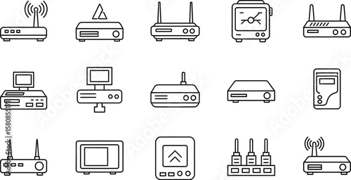Vector art of various router and modem icons isolated on white background, representing network connections, wireless technology, and internet communication devices for digital connectivity