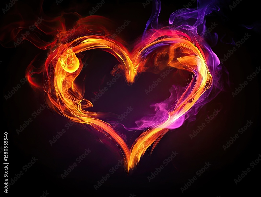 Fototapeta premium Heart shape formed from vibrant, colorful flames and smoke on a dark background