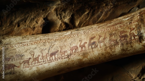 Giant sloth bone adorned with shifting cave paintings depicting hunting scenes and celestial maps.