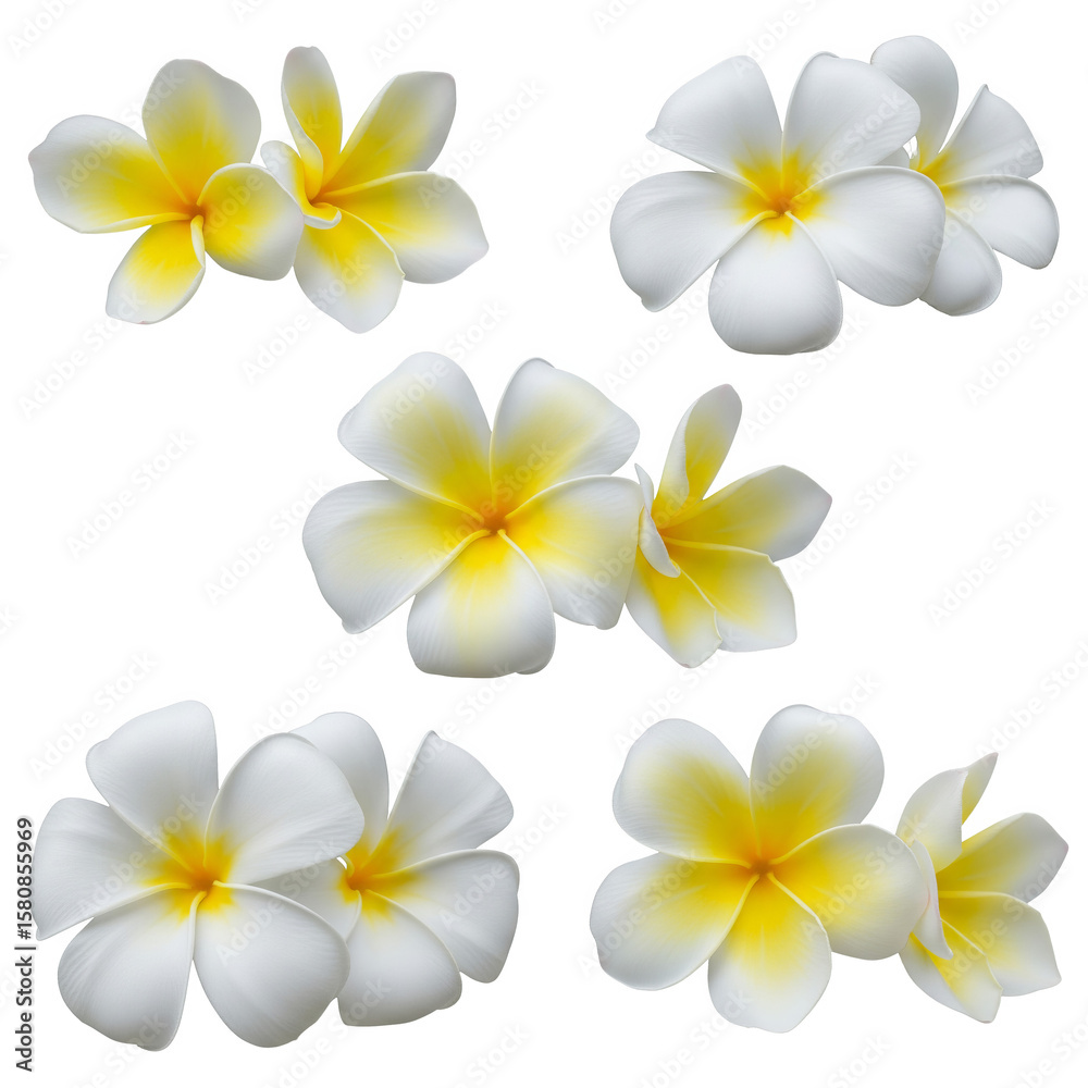 Fototapeta premium Group of white and yellow plumeria flowers isolated on transparent background