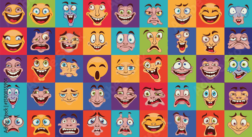 A colorful grid of cartoon faces displaying a wide range of emotions, from joy and surprise to anger and sadness, set against a vibrant background.