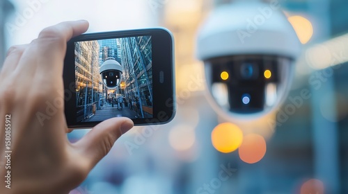 A person captures a close-up photo of a security camera mounted on a building using a smartphone in an urban environment.
