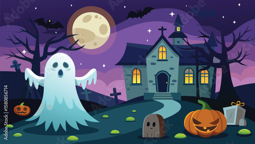 Pumpkin ghost ghost haunts the castle on Halloween night full moon illustration Halloween
