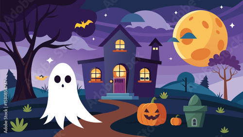Ghost ghost haunting the castle on Halloween night illustration Halloween day