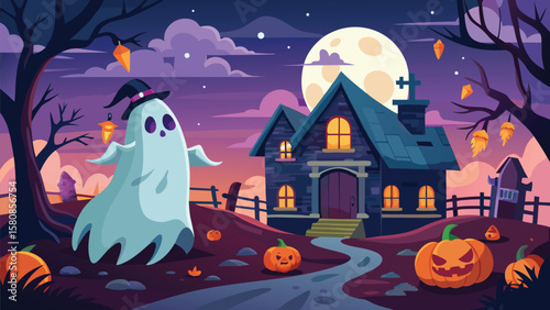 Pumpkin ghost ghost haunts the castle on Halloween night illustration Halloween