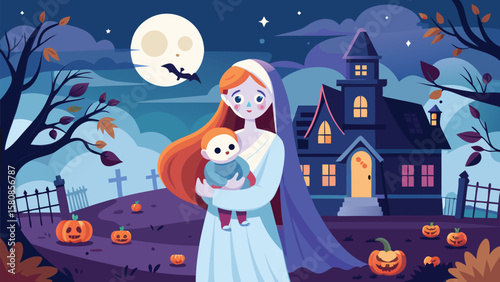 Ghost woman raising child on Halloween night illustration Halloween day