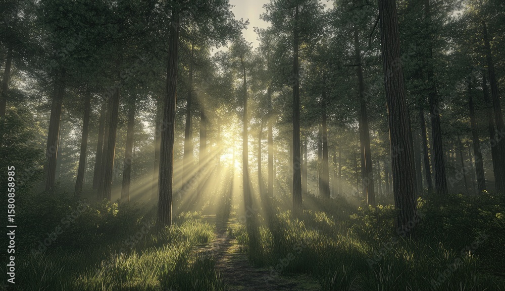 Obraz premium Sunlight streams through a misty forest (1)
