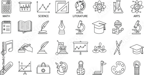 Vector art of a diverse set of education icons representing math, science, literature, and the arts, symbolizing learning, knowledge, and academic pursuits