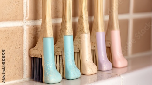 Pastel cleaning brushes, tiled bathroom, detail shot