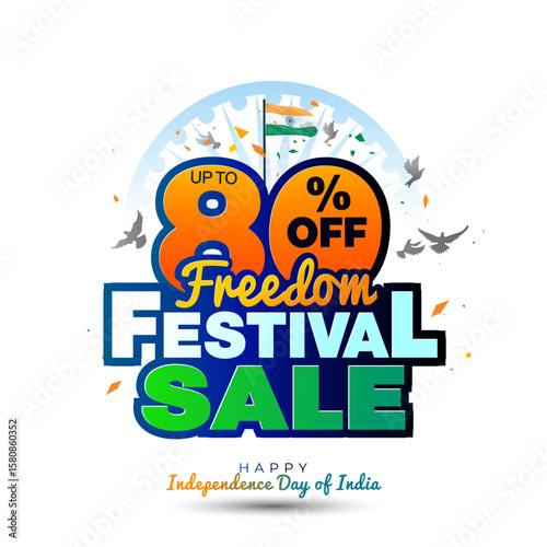 India independence day. 80% off freedom festival sale, offer, deal, discount, logo unit design with tricolour flag.
