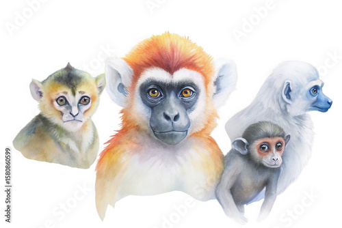 Watercolor painting of three different monkeys and one baby monkey isolated on transparent background