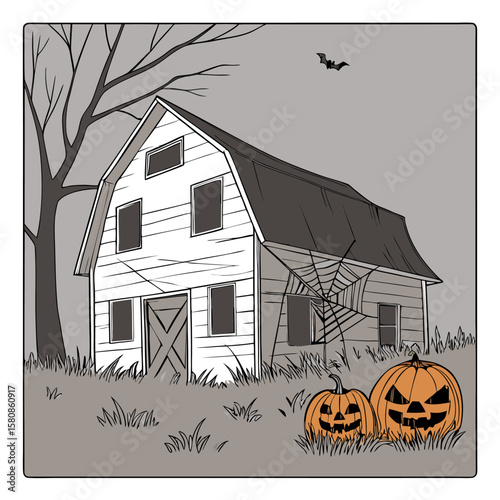 Spooky halloween barn scene with carved pumpkins a large spiderweb a bare tree and a bat flying in the overcast sky