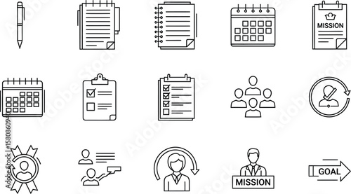 Vector art of a collection of outlined icons representing business and management related items, isolated on white background