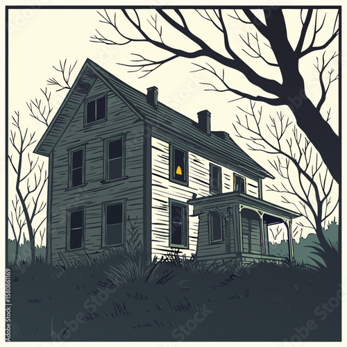 An eerie old wooden house with glowing windows stands ominously amidst bare trees and overgrown grass under a pale sky
