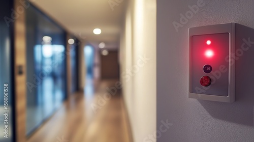 A sleek red emergency alarm button with a glowing light mounted on a white wall in a modern, blurred hallway.