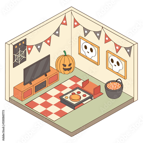 Cozy isometric living room decorated for halloween with a jack o lantern skull paintings spider web art festive bunting and a cauldron filled with candy