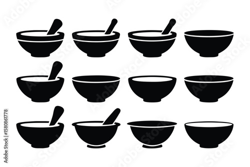 A collection of black and white icons featuring mortars and pestles alongside empty bowls in various arrangements