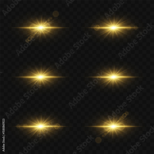 Set of glowing starry light effects with glare. On transparent background