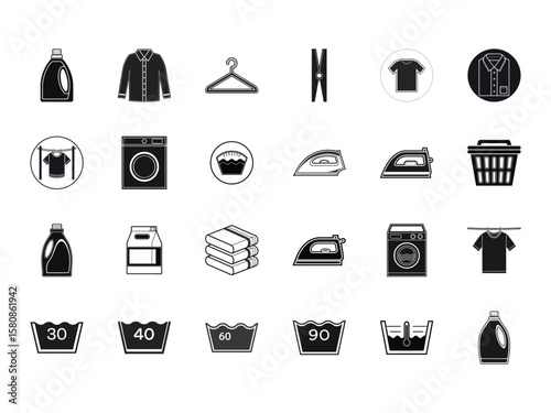 Laundry Line Art Symbols Washer, Detergent, Iron, Clothing and Care Icons