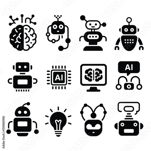 AI and Robot Icons Set Featuring Neural Network, Brain, Chip, and Android Symbols Perfect for Technology Apps, Digital Design, Websites, and Infographics
