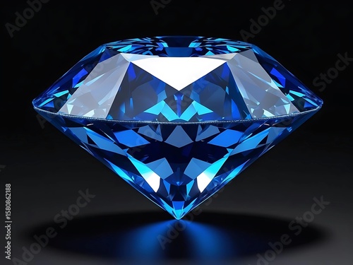 Blue diamond isolated dark background. Dazzling diamond with reflection on black background