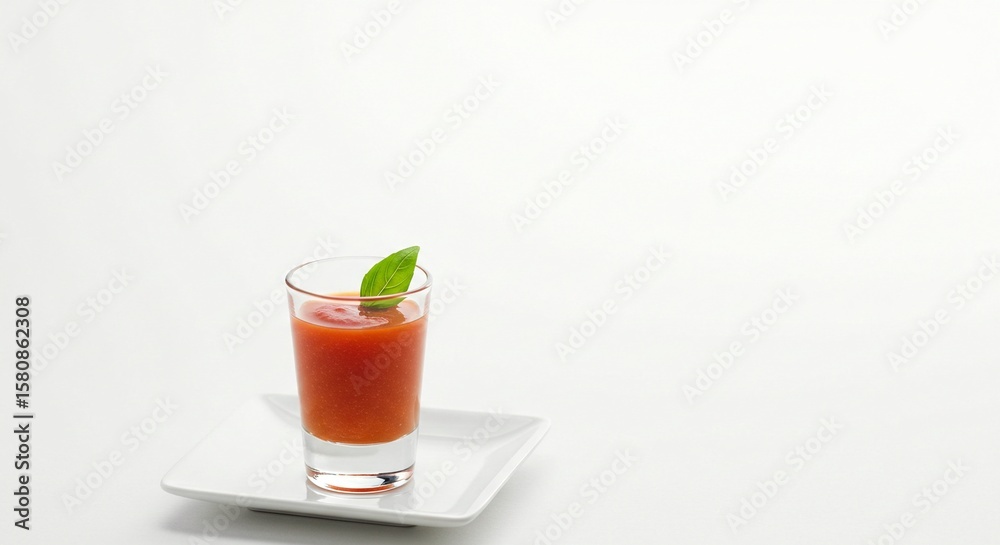 Fototapeta premium Refreshing chilled tomato soup served in a shot glass garnished with a basil leaf on a white surface. Culinary presentation.