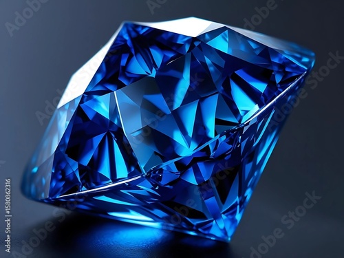 Blue diamond isolated dark background. Dazzling diamond with reflection on black background