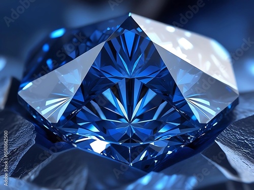 Blue diamond isolated dark background. Dazzling diamond with reflection on black background