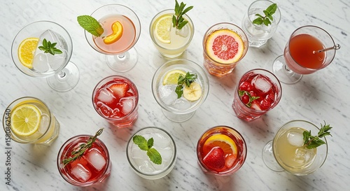 A vibrant assortment of colorful cocktails arranged on a marble surface, showcasing a variety of fruit and herb garnishes.