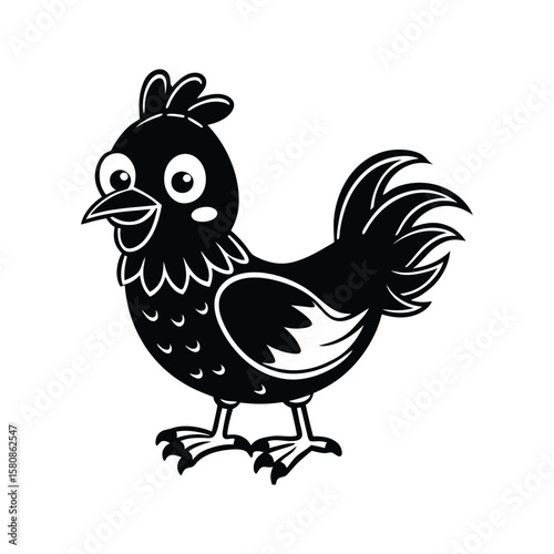 Cheerful black chicken silhouette with big eyes and fluffy tail bird poultry