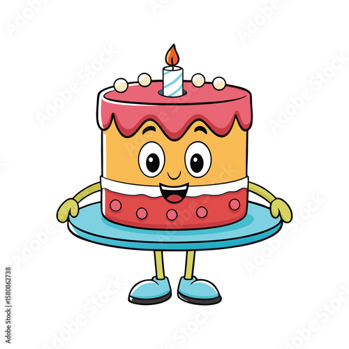 Cheerful cake character with pink frosting and candle cartoon birthday